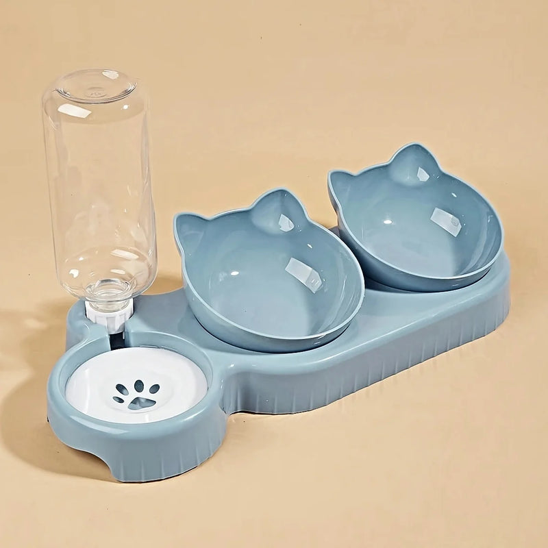 Tigelas de estimação com alimentador de água 3 em 1, design da orelha, tigela de água e comida de gato inclinada