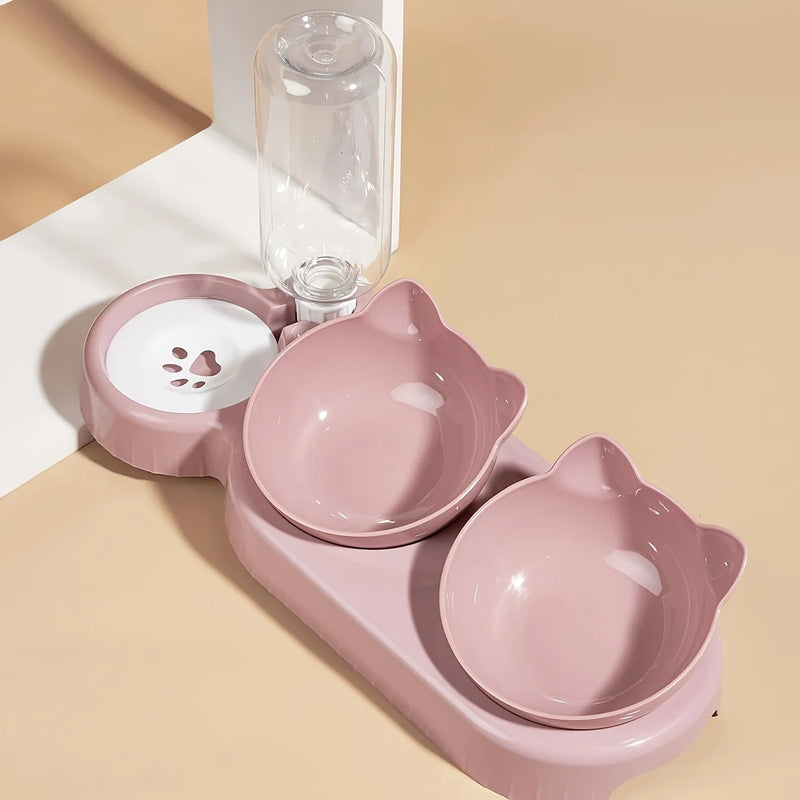 Tigelas de estimação com alimentador de água 3 em 1, design da orelha, tigela de água e comida de gato inclinada