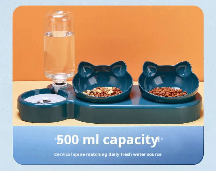 Tigelas de estimação com alimentador de água 3 em 1, design da orelha, tigela de água e comida de gato inclinada
