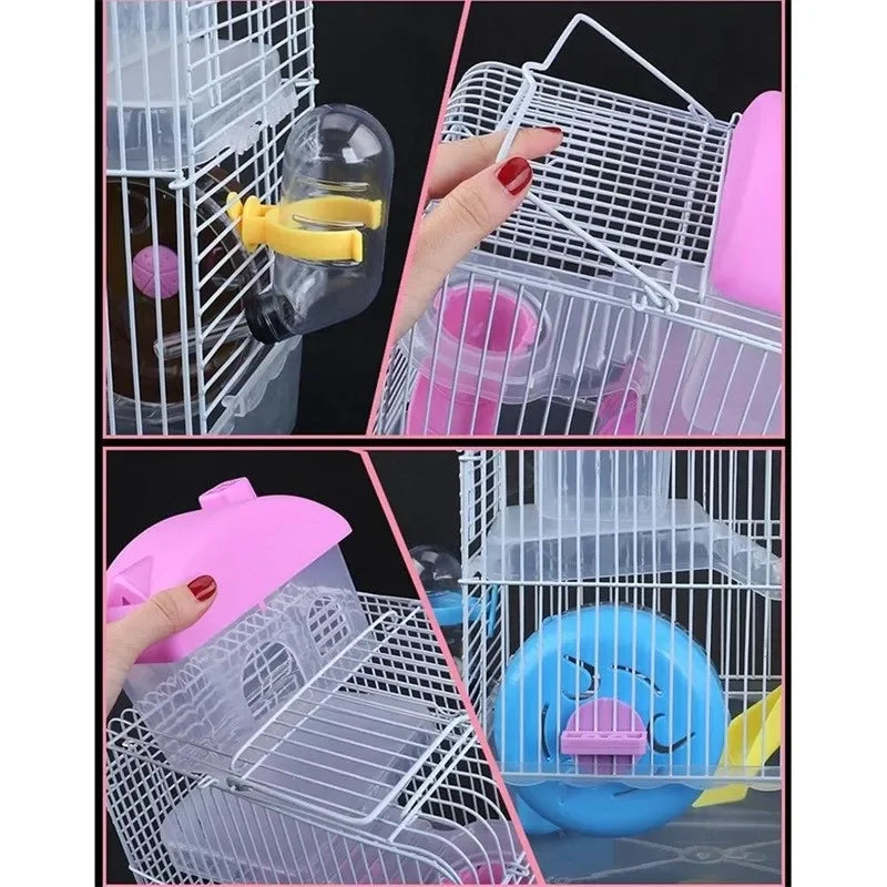 Gaiola de arame em forma de villa de dois andares com tigela de alimentação, castelo pequeno de brinquedo de patinação de rolo de corrida, gaiola de hamster de camada dupla