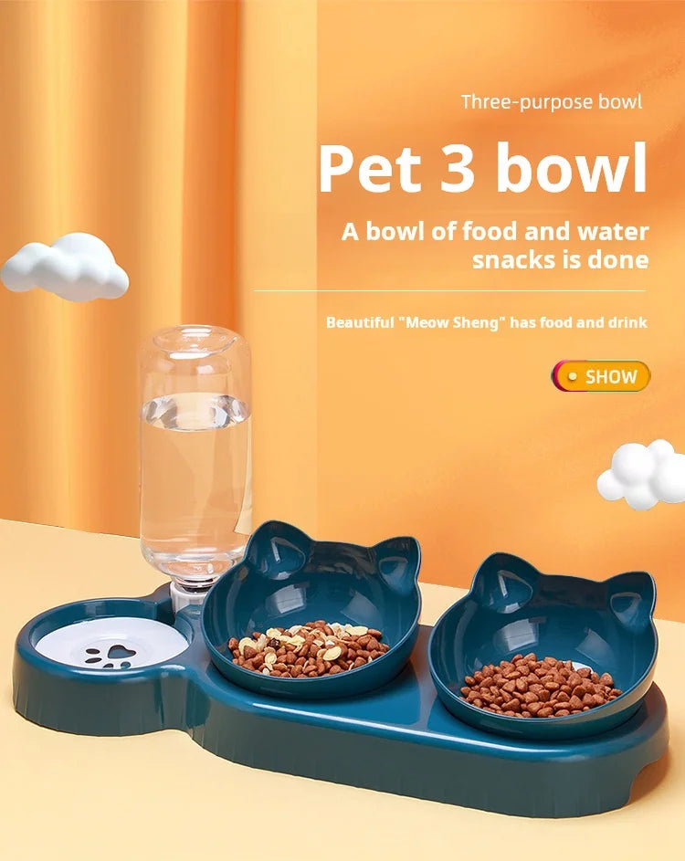 Tigelas de estimação com alimentador de água 3 em 1, design da orelha, tigela de água e comida de gato inclinada