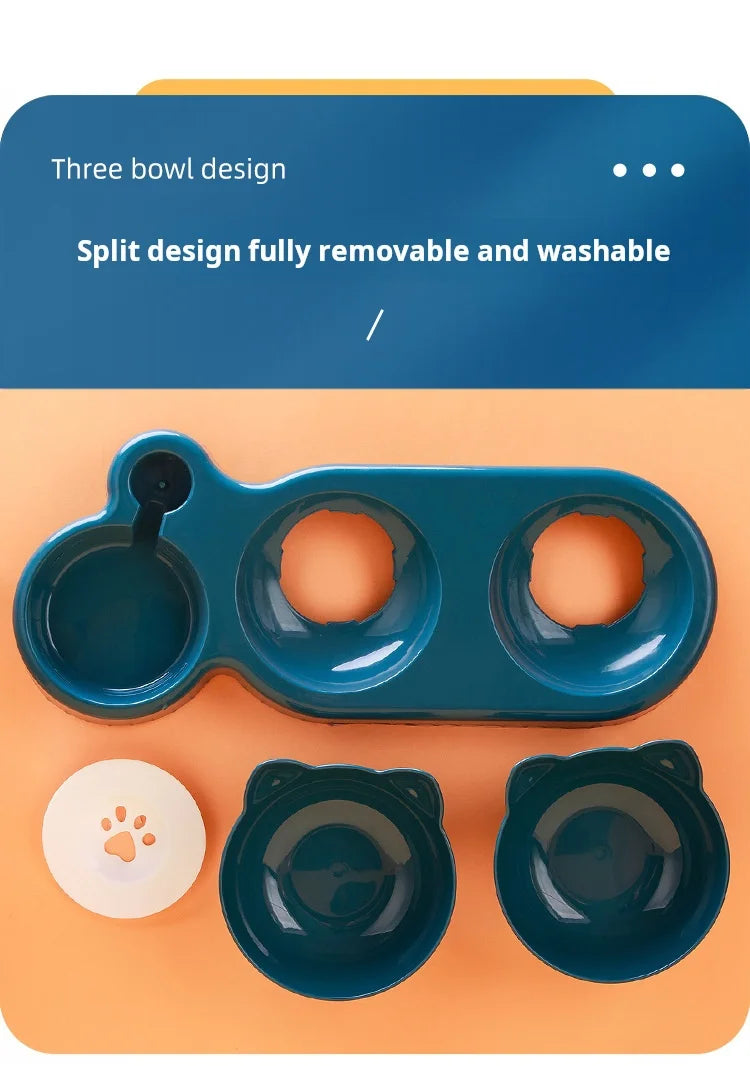 Tigelas de estimação com alimentador de água 3 em 1, design da orelha, tigela de água e comida de gato inclinada