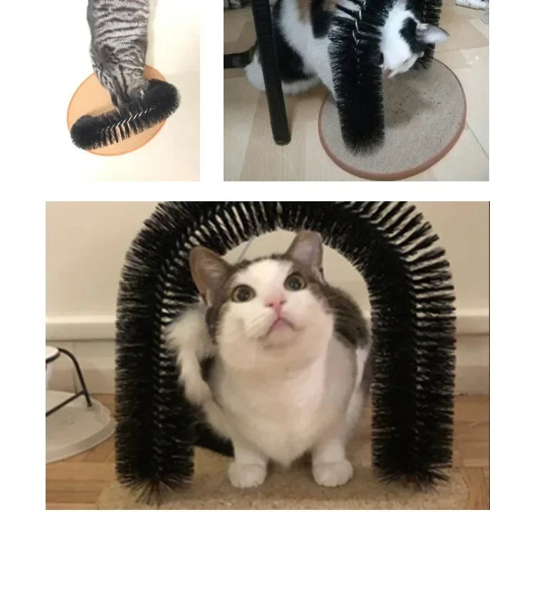 Brinquedo de gato arco auto groome pamper felino com uma massagem aliciamento esfregando escova com almofada de arranhar