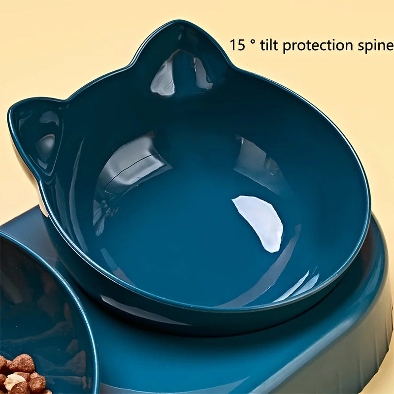 Tigelas de estimação com alimentador de água 3 em 1, design da orelha, tigela de água e comida de gato inclinada