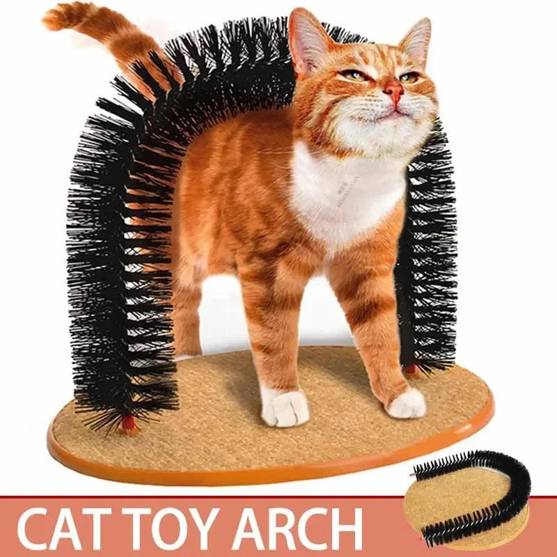 Brinquedo de gato arco auto groome pamper felino com uma massagem aliciamento esfregando escova com almofada de arranhar
